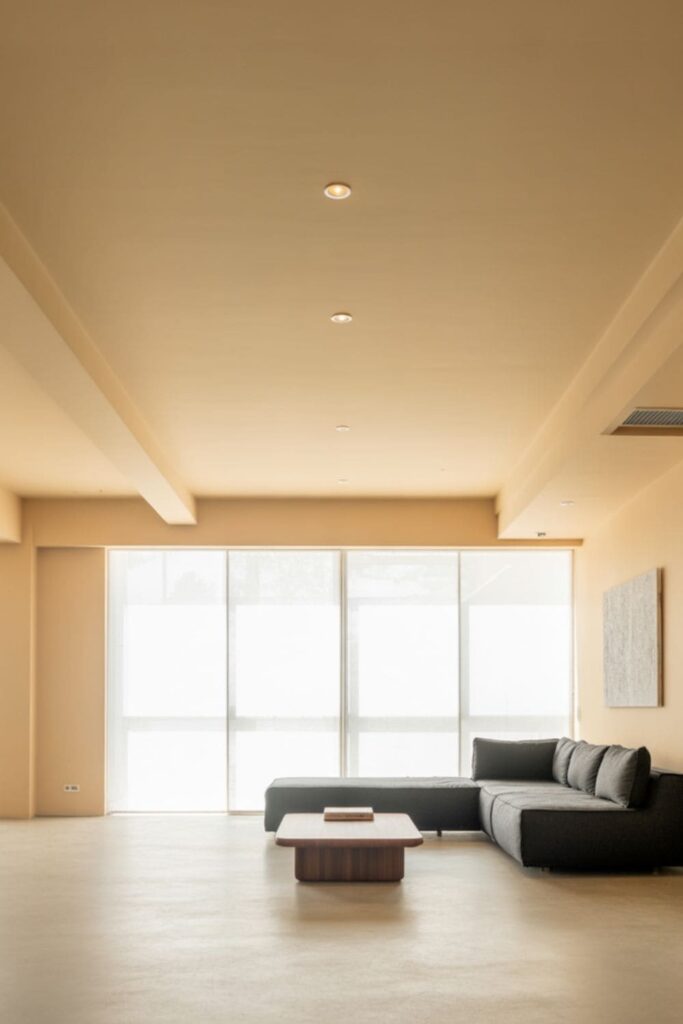 Minimalist living room with a clean white ceiling and recessed lighting