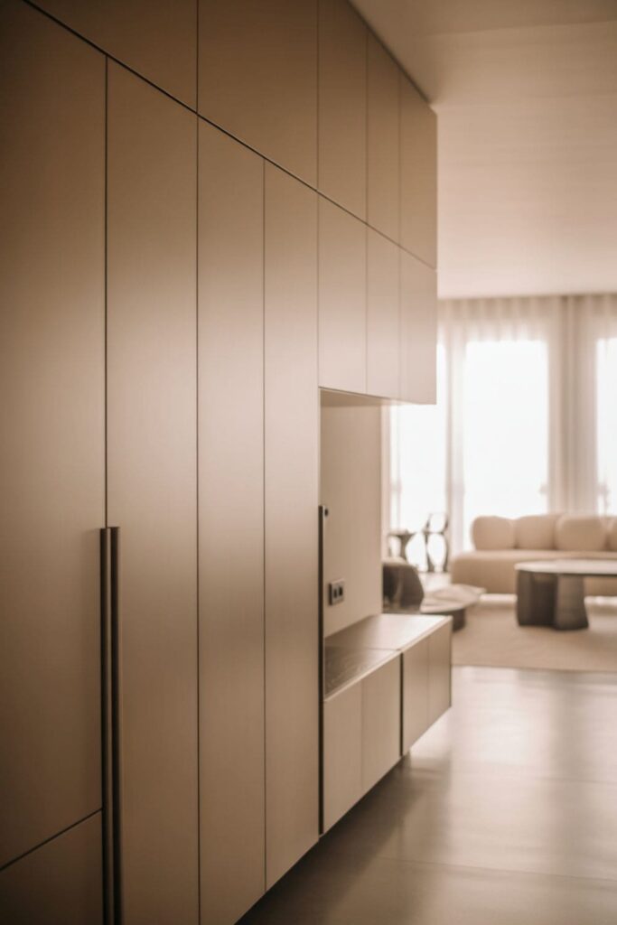 Minimalist living room cabinets with slim matte hardware and clean-lined design.