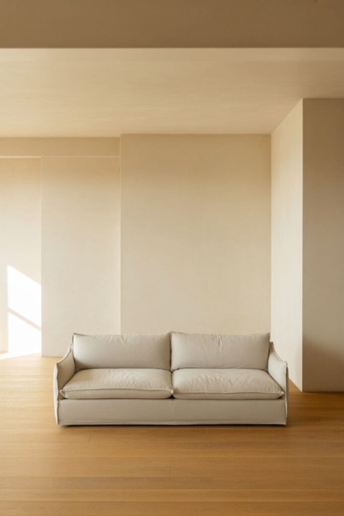 Minimalist living room with a low-profile neutral sofa as the main focal point and clean-lined decor