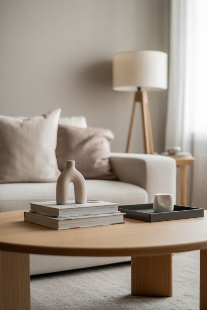 Minimalist living room with a simple coffee table styled with books, a tray, and one ceramic accent