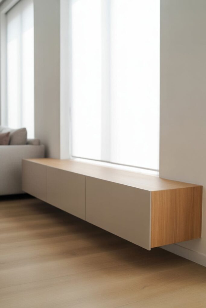 Minimalist living room with a wall-mounted floating console and visible floor space