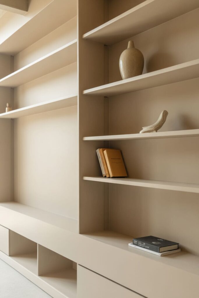 Minimalist living room with built-in shelves painted to match the walls and minimal decor