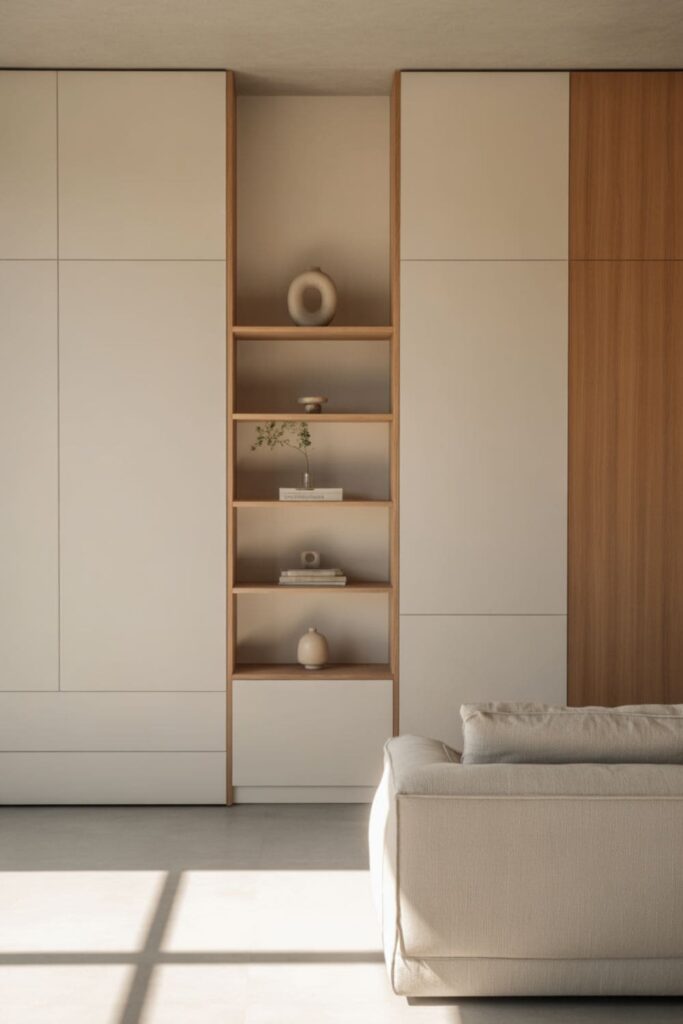 Minimalist living room with mostly closed storage and lightly styled open shelves