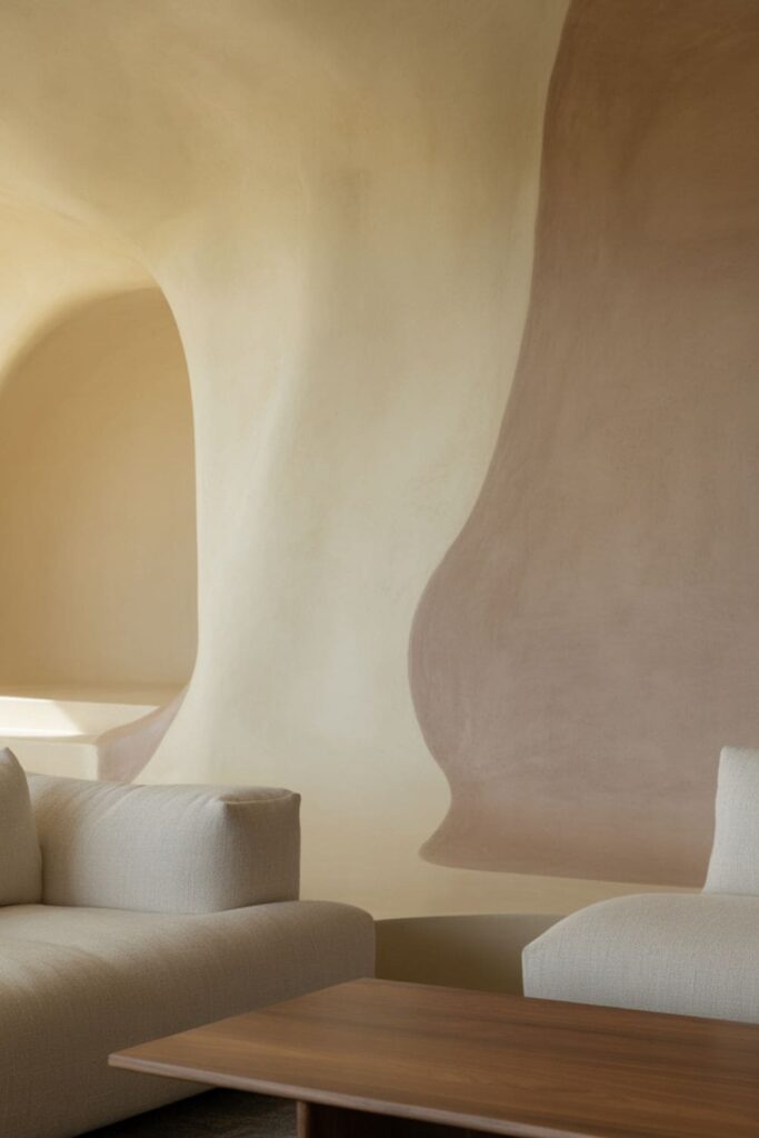 Minimalist living room with textured plaster accent wall and soft earthy colors