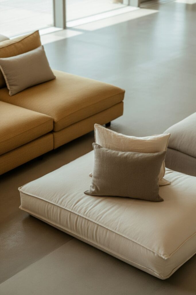 Minimalist low sofa with floor cushions in a modern living room