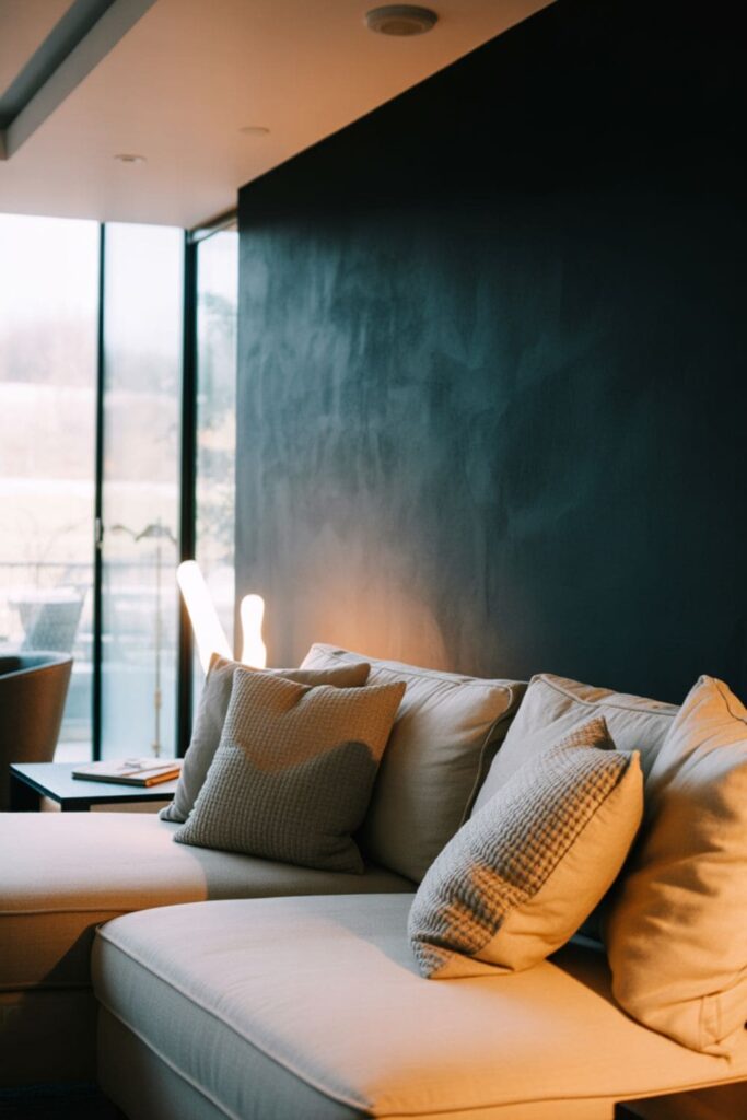 Modern living room with black accent wall balanced by light furniture and warm lighting