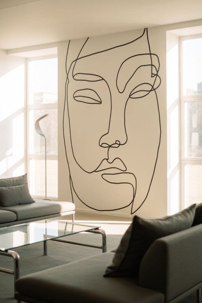 Modern living room with minimalist line art used as an accent wall feature
