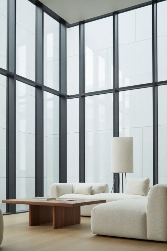 Modern minimalist living room with slim black window frames and abundant natural light