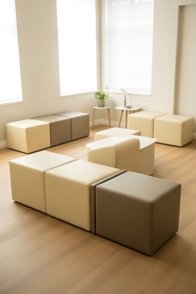 Modular cube seating arranged flexibly in a modern living room