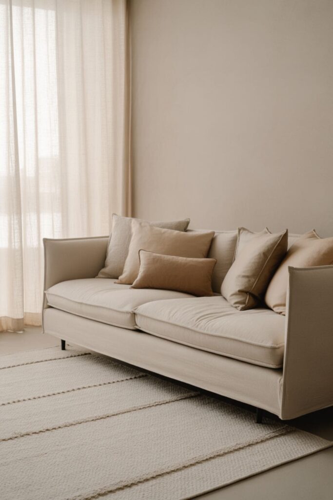 Monochrome minimalist living room layered in soft beige tones and natural textures