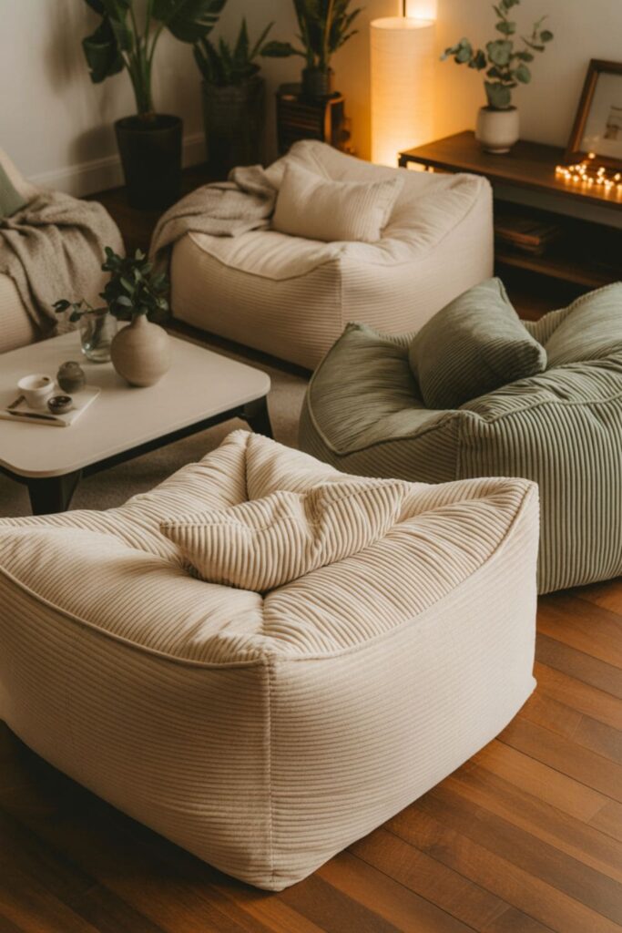 Oversized beanbag loungers used as casual living room seating
