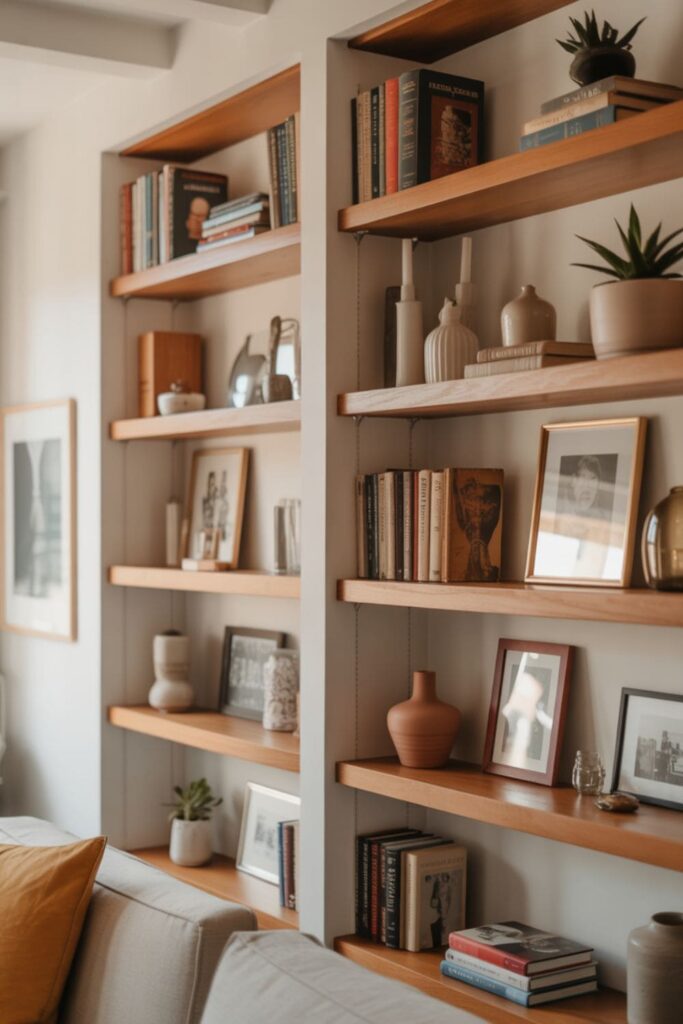 Personal and relaxed living room shelf styling that ignores trends
