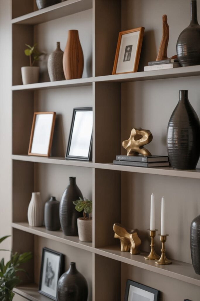 Shelf decor arranged in groups of three creating visual triangles