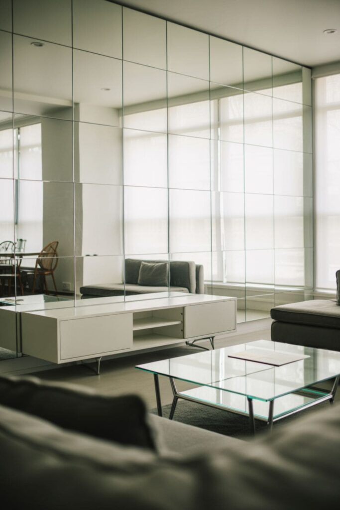 Small living room with mirror panel accent wall reflecting natural light