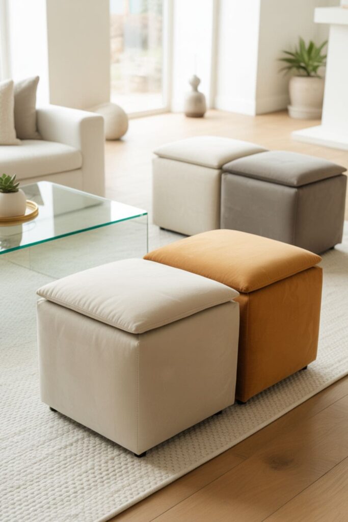 Storage ottomans used as seating in a functional living room