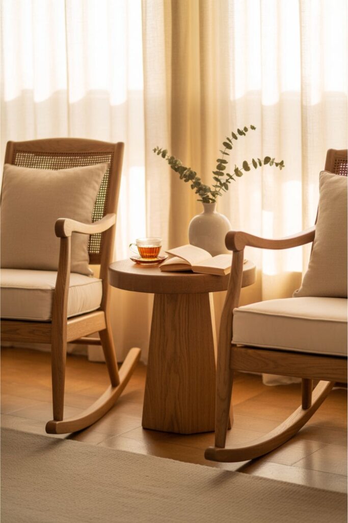 Twin rocking chairs with side table in a cozy living room
