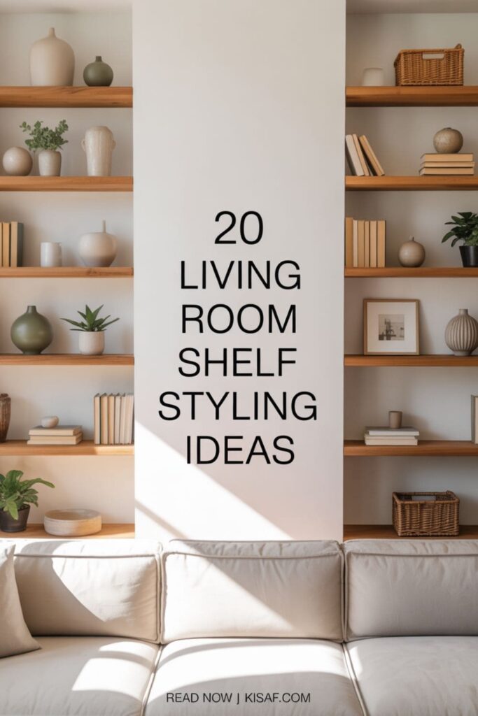 a pinterest style image with a text overlay _20 Living Room Shelf Styling Ideas_, and _Read Now _ Kisaf.com_ at the bottom