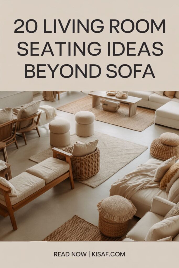 a pinterest style image with a text overlay _20 living room seating ideas beyond sofa. _, and _Read Now _ Kisaf.com_ at the bottom