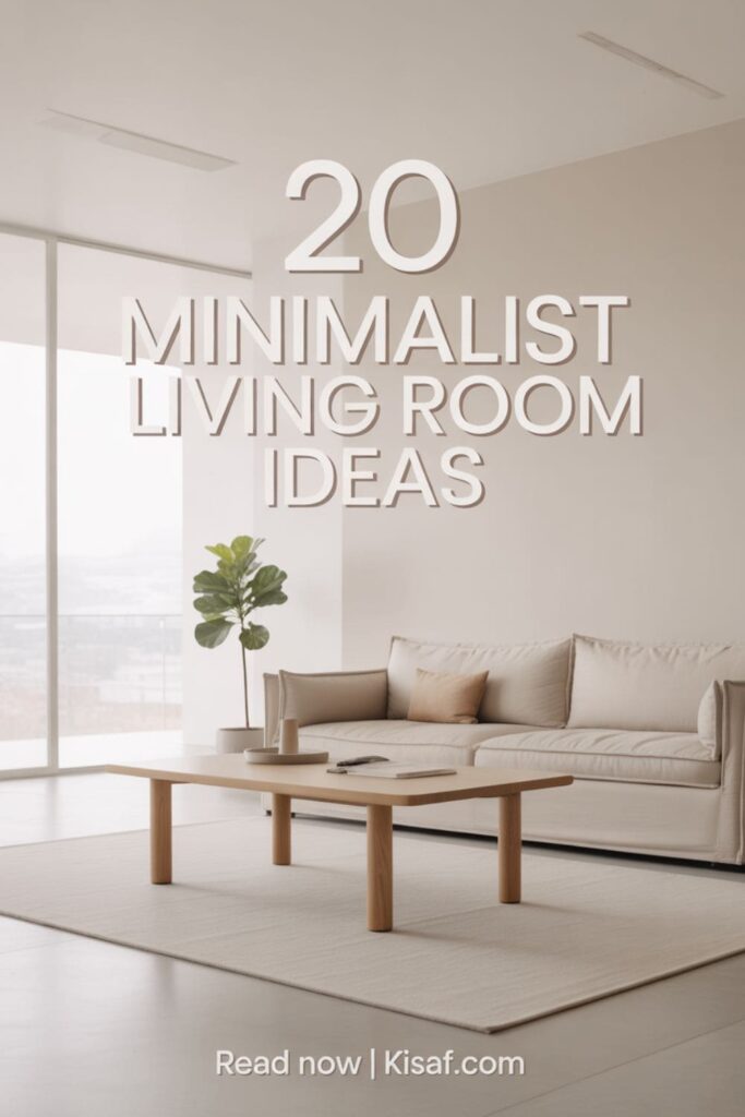 a pinterest style image with a text overlay _20 minimalist living room ideas_, and _Read Now _ Kisaf.com_ at the bottom