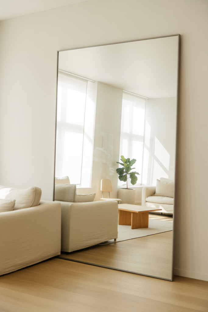 Minimalist living room with a large thin-framed mirror reflecting natural light.