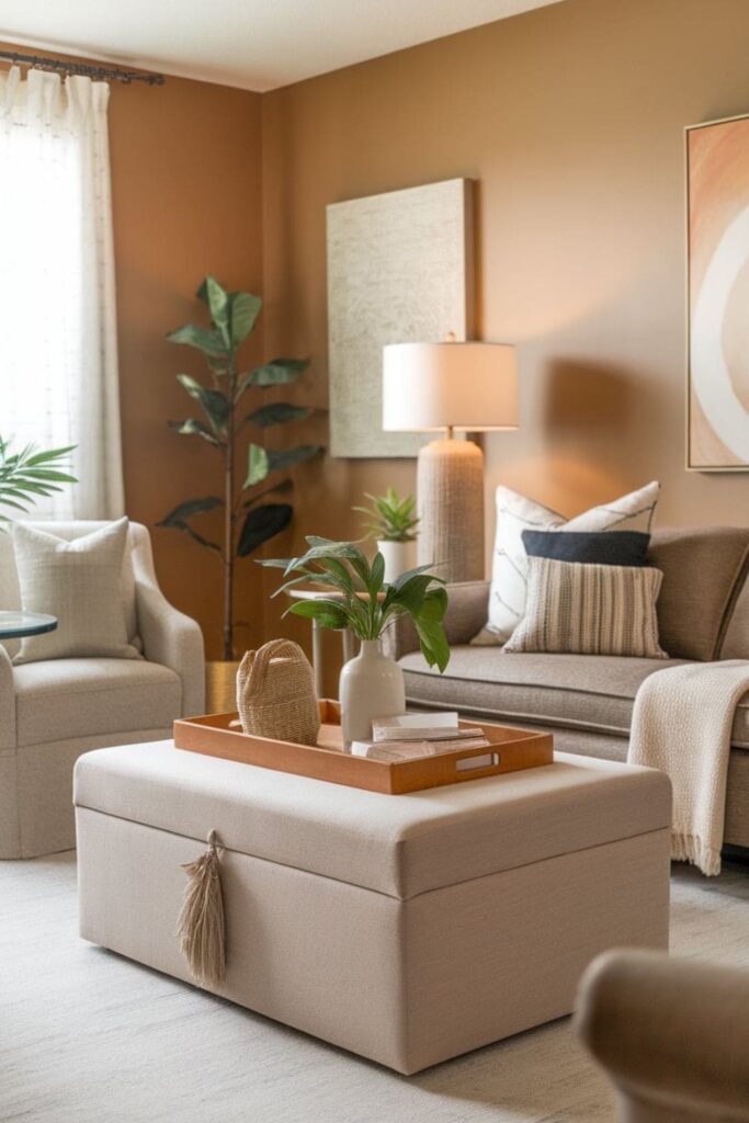 A bright living room with a soft ottoman doubling as storage and a dog resting on top
