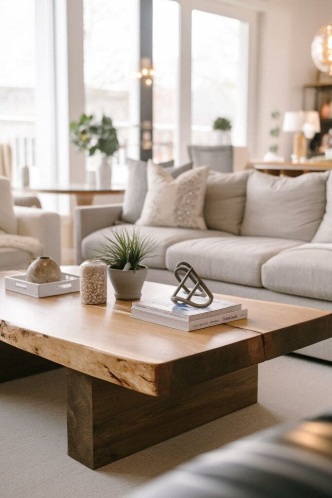 A bright living room with a sturdy wooden coffee table and a cat playing nearby with neutral décor