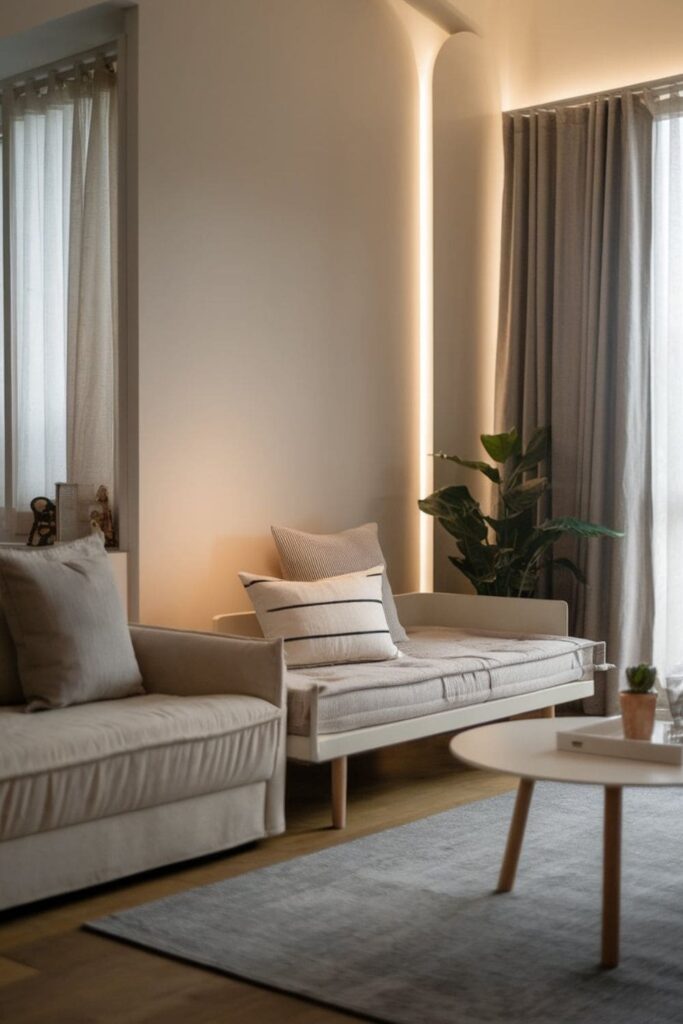 A cozy corner in a living room featuring a small pet bed with a relaxed dog resting nearby