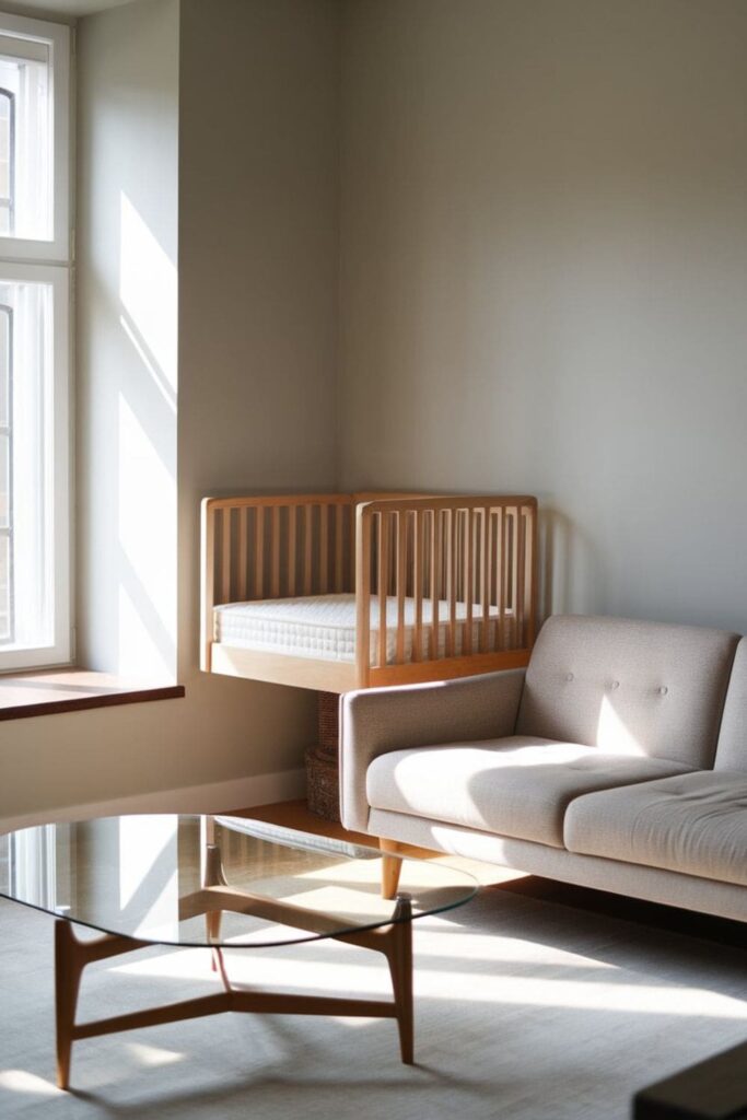 A cozy living room corner featuring a stylish pet bed matching the sofa color palette with a cat napping