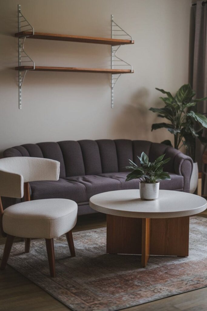A living room featuring a deep gray sofa with a dog lying comfortably and stylish modern furniture