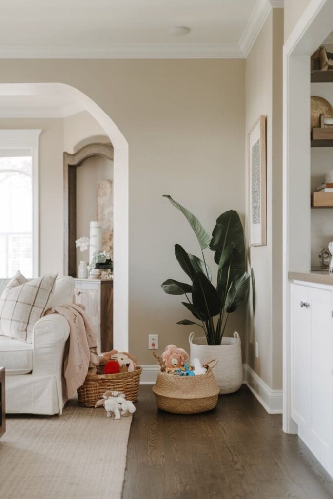 A living room with a small basket of pet toys, a few scattered on the floor, and a dog playing