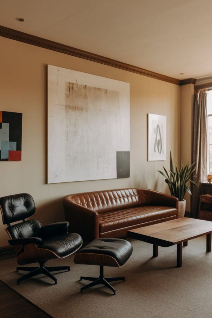 A living room with leather furniture in a pet-friendly setup with a cat lying on the sofa