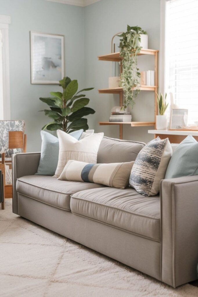 A minimalist living room with low-maintenance decor, neutral colors, and a dog lying on a rug (2)