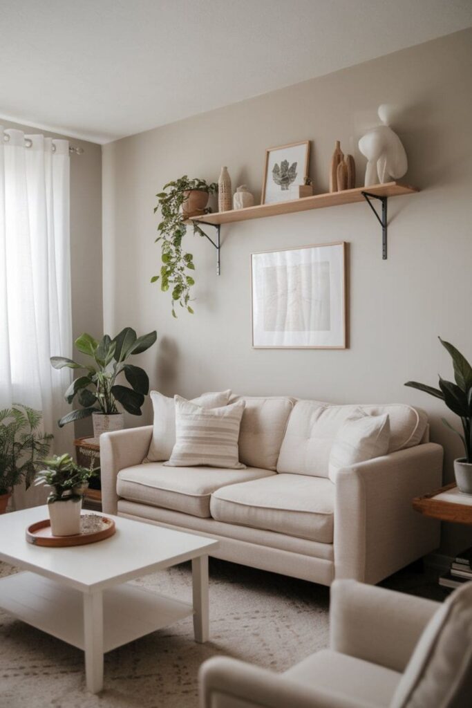 A minimalist living room with low-maintenance decor, neutral colors, and a dog lying on a rug