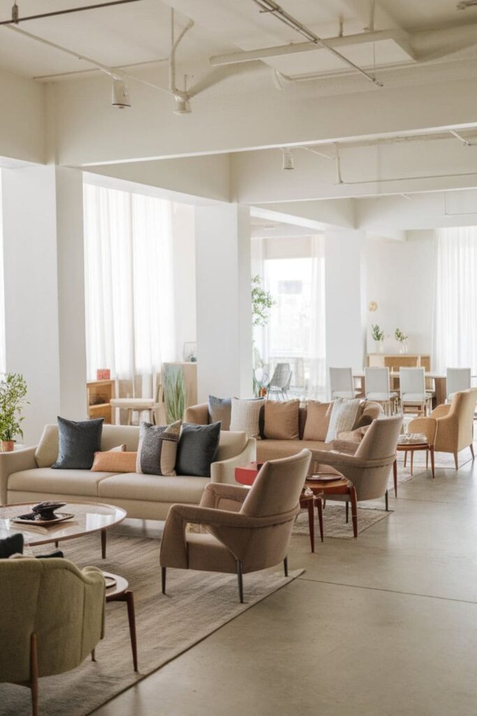 A minimalist living room with sofas and chairs raised on legs showing open space underneath with a cat walking by
