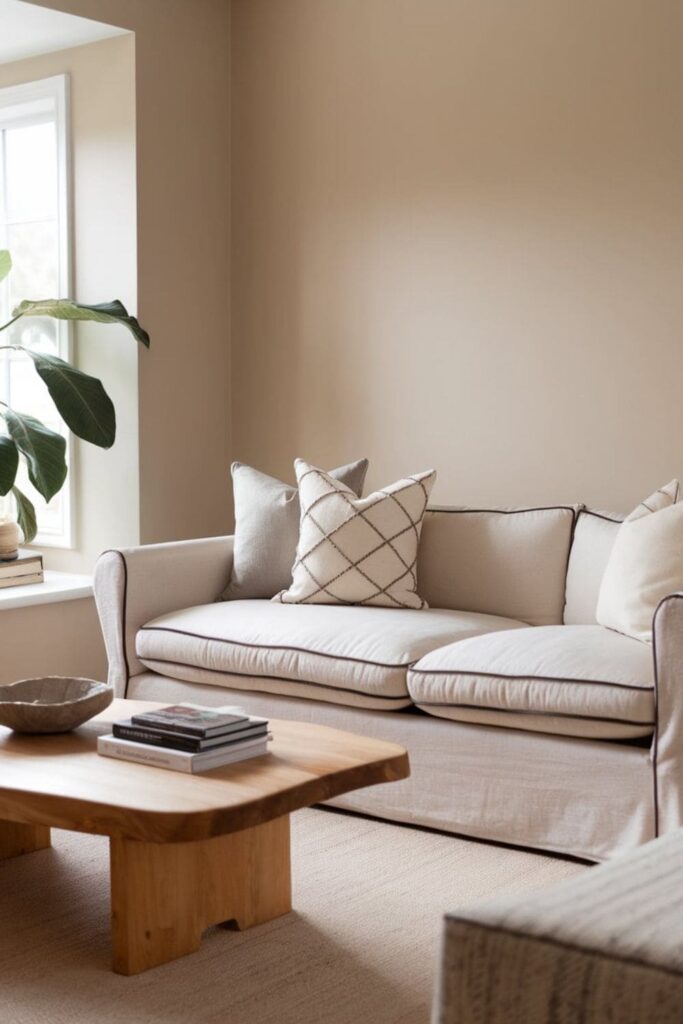 A modern living room with a durable microfiber sofa and neutral cushions with a small dog resting peacefully