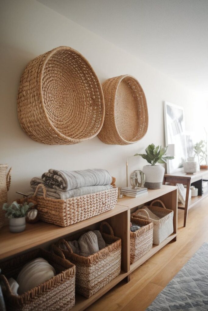 A modern living room with natural woven covered baskets storing pet toys and blankets with a curious dog nearby