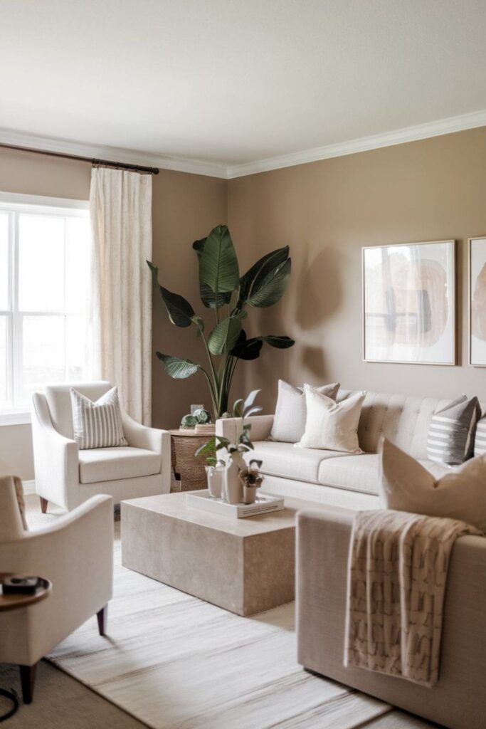A neutral-colored living room with beige and taupe furniture and a cat resting peacefully on the rug