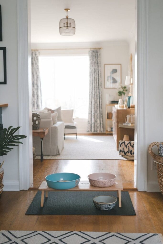 A tidy living room featuring an organized pet feeding station with elevated bowls and a dog eating