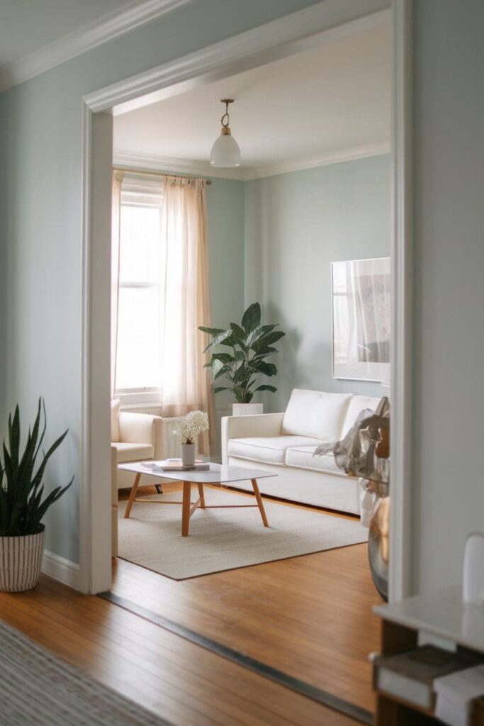 An open and airy living room layout with clear pathways and a dog running across the floor