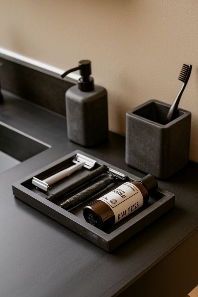 Bathroom counter organized with a matte black tray holding grooming products