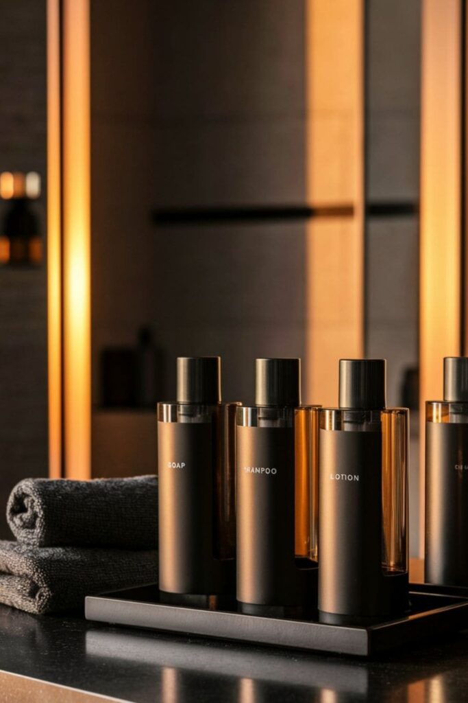 Bathroom counter with matching matte black dispensers for soap, shampoo, and lotion