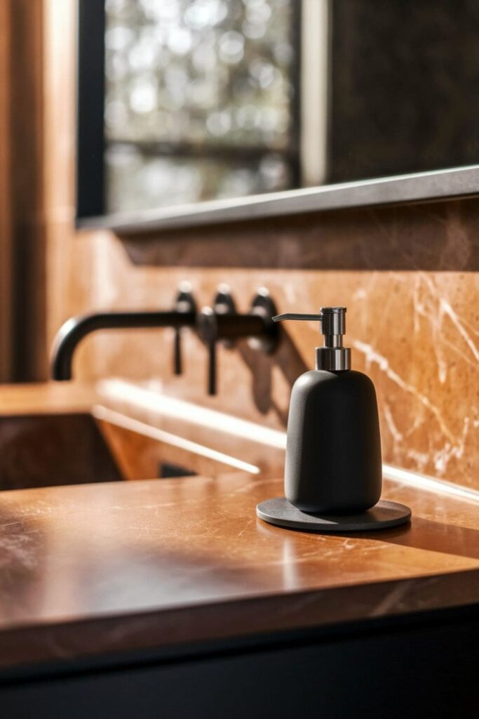 Bathroom countertop with a single sleek black matte soap dispenser