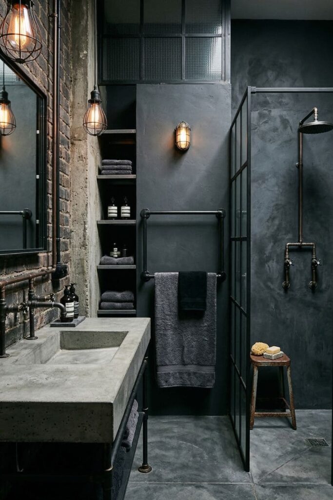 Bathroom featuring exposed pipes, black metal mirror, concrete countertops, and steel towel bars