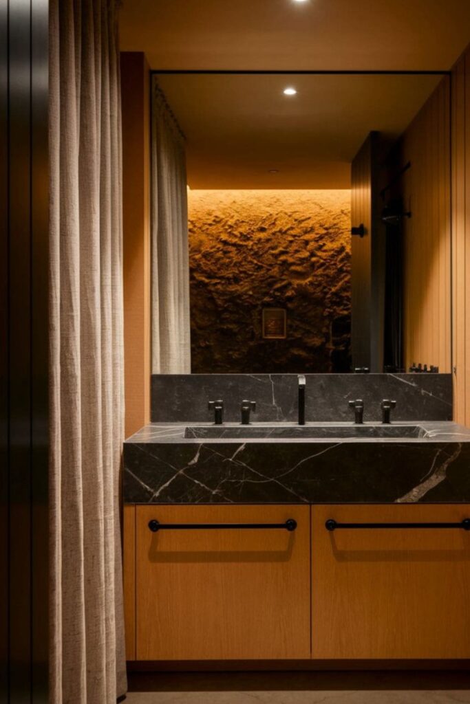 Bathroom with matte black faucets, showerheads, and cabinet handles in a modern style