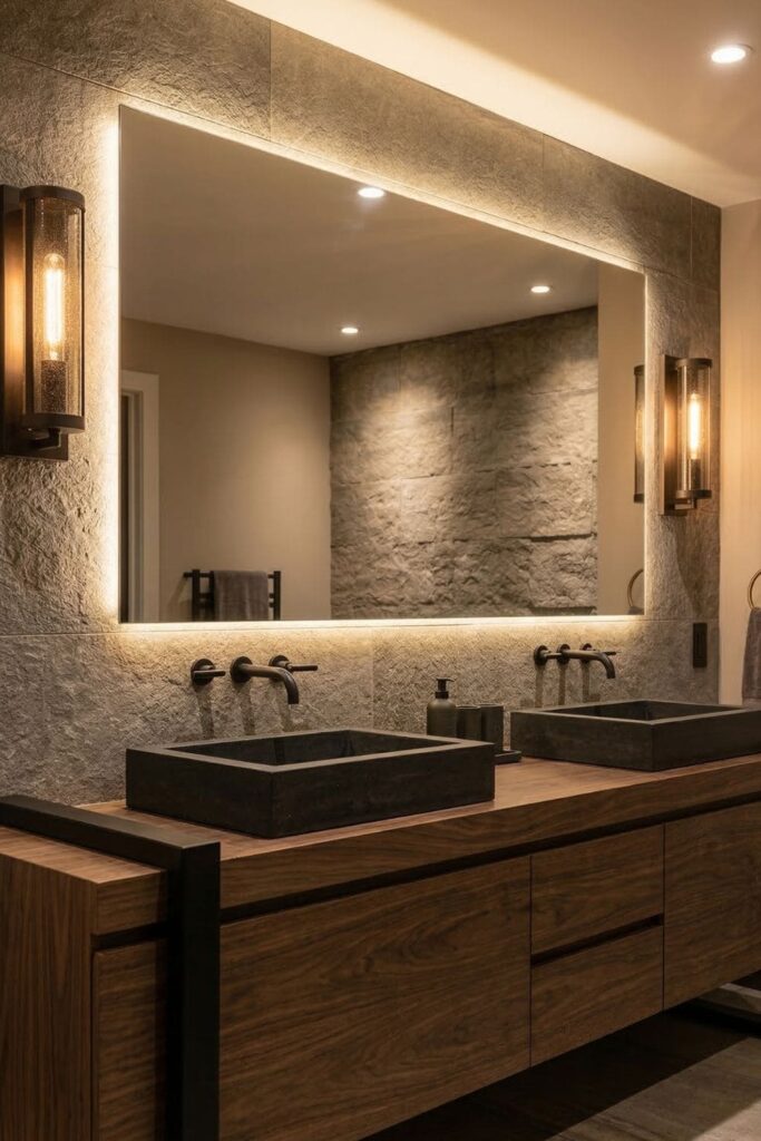 Bathroom with warm wall sconces and modern overhead lights highlighting the vanity and decor