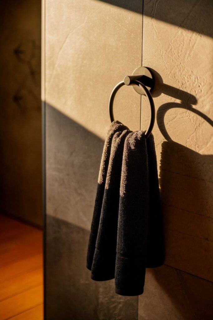 Black metal towel ring holding a dark towel in a modern bathroom