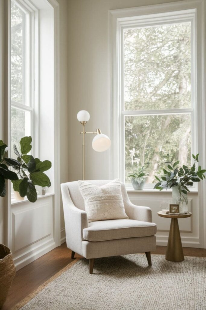Bright living room with window seating neutral armchair small side table soft pillow and floor lamp