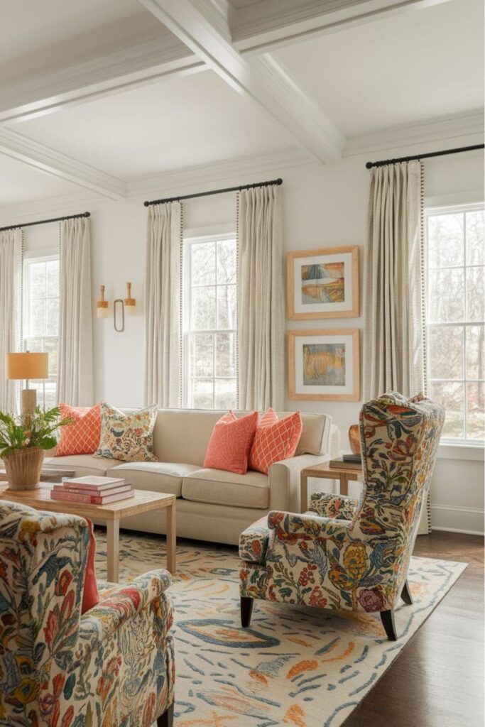 Colorful accent chairs in a family living room with playful decor and children interacting nearby