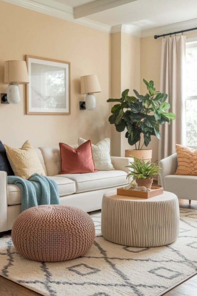 Cozy family living room with layered textures including soft rugs, knitted throws, and velvet pillows, warm lighting