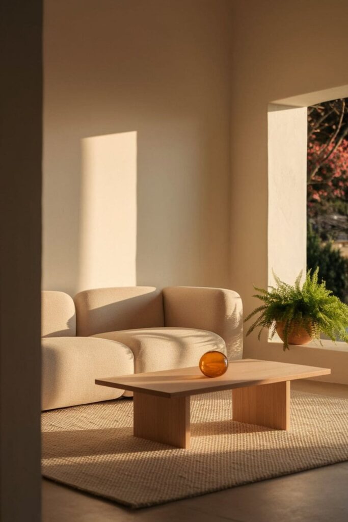 Cozy living room with warm white walls beige sofa light wood coffee table and soft natural lighting